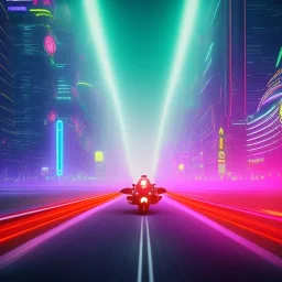 a guy in a futuristic motorbike leaving a futuristic city with neon lights at night, through a super highway, high speed, Looking from behind from a higher view to the highway seeing tall skyscrapers, outer space, vanishing point, super highway, high speed, digital render, digital painting, beeple, noah bradley, cyril roland, ross tran, trending on artstation