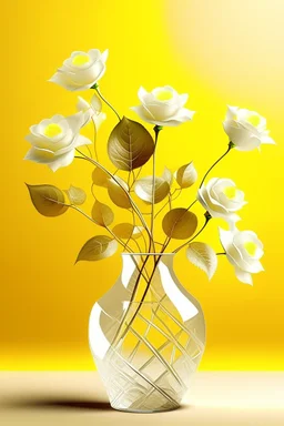 All white textured white transparent leaves of glassy rose branch in a white glassy vase in a yellow background
