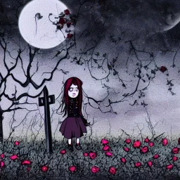 Creepy doll standing in a graveyard with dead roses around on a dark cloudy night animated style