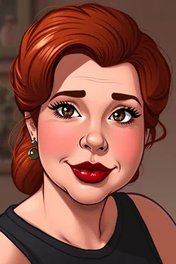 In a realistic, non-anime, cartoon style like: Portrait of 40-year old chubby redhead with thick red lips and smoky eyes with long lashes who looks like Jewel DeNyle