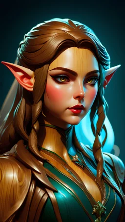 A wooden sculpture of a beautiful elf, 8k resolution concept art portrait by Greg Rutkowski, Artgerm, WLOP, Alphonse Mucha dynamic lighting hyperdetailed intricately detailed Splash art trending on Artstation triadic colors Unreal Engine 5 volumetric lighting Hyperrealistic, splash art, concept art, mid shot, intricately detailed, color depth, dramatic, 2/3 face angle, side light, colorful background .