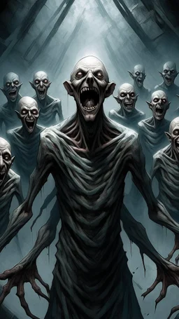 A demonic figure with a triangular body with long arms and creepy small eyes that is floating in a dark room