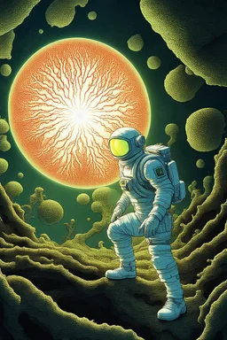 This cover for a science fiction story features a glowing lichen in the foreground, resembling a complex symbiosis of fungi and algae with thin tendrils emitting a soft luminescent light. The lichen reaches towards the hand of a person in a spacesuit, symbolizing contact between humans and a new intelligent life form. In the background, a ruined futuristic city with half-collapsed skyscrapers overgrown with lush vegetation. In the sky, an orbital ring, the New Eden, shines brightly in the sunlig