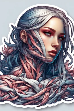 a sticker with a drawing of a woman's face, cyberpunk art inspired by Marco Mazzoni, Artstation, fantasy art, fantasy sticker illustration, intricate digital artwork, cyborg - girl with silver hair