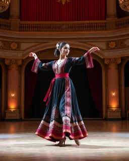 azeri female full bdy with traditional dance clothing in modern stage in a royal hall