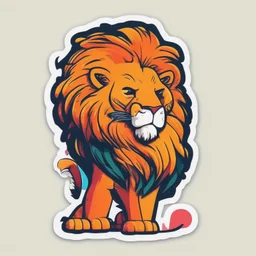 A sticker design in a minimalistic style featuring a caricature anthropomorphic lion in vivid colors. The subject is presented alone on a neutral background.