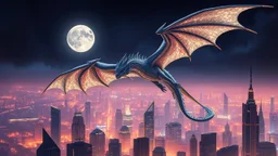 A majestic dragon soaring above a futuristic city at night, with its scales shimmering like stardust and the moon reflecting off its wings. Beautiful award-winning colour photograph, balanced delightful composition, perfect lighting, superb detail, 16k render