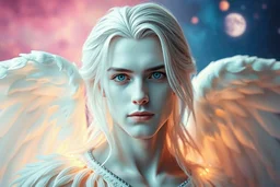 handsome guardian angel with blue eyes white face with long silver hair white transparent wings in a cosmic background with pink yellow blue