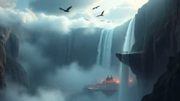 A colossal waterfall cascading off the edge of a floating continent, with massive birds soaring between the mist and a glowing city suspended beneath the cliff. Photographic quality and detail, award-winning image, beautiful composition.