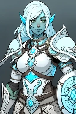 cleric woman with light blue hair, light blue skin, breastplate armor and big shield