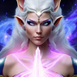 cosmic mage, elf, female, battle mage, epic, cosmic magic, long ears, white hair, face details, pale skin, jewellery, broad shoulders, glowing eyes, sharp ears, cosmic clothes, bright eyes, cosmic eyes, ears shown, light out of eyes, the cosmos in eyes, stars in eyes