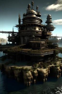post apocalyptic steampunk castle on a floating island in an interstellar black hole