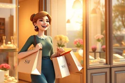 3D video game character elegant young woman enthusiastically and cheerfully comes out of a jewellery store, on her arms several elegant branded paper bags, in the window jewelleries and flowers S<AI in sunshine