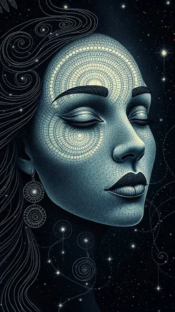 A celestial woman face void glowing with inner light from the depths of profound darkness. Her face skin doodle geometrical kusama and form are fragmented and transformed into a mesmerizing array of spiral formations: * Perfect **Fibonacci spirals** crafted from strands of pearlescent light form her nose bridge and eyebrows. * Tight **Archimedean spirals** unravel into the flowing rivers of her hair. * **Double Helix spirals** appear as her earrings and the patterns on her neck, symbolizi