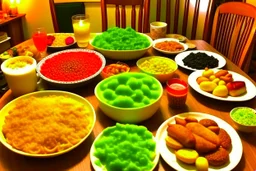 لقطة لوجبة منزلية شهية مع مجموعة متنوعة من الأطعمة المحلية، تجسد تجربة السفرة المنزلية وتواصل العائلة والأصدقاء حول الطعام.