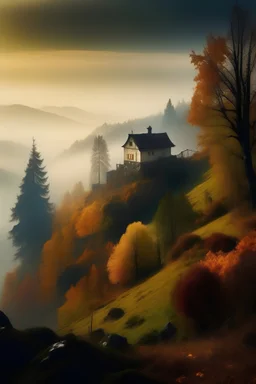 una casa en la montaña con mucha vegetación alrededor en uno de los puntos de interes de la regla de los tercios con enfoque infinito y una atmosfera de otoño con niebla de amanecer al estilo de Caspar David Friedrich en su obra caminante sobre olas de nubes