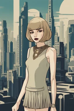 full body picture of a skinny woman with a bob, a fringe hairstyle, 1920s flapper clothing, futuristic city background