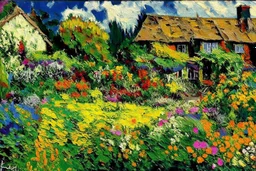 English cottage garden in the style of frank auerbach
