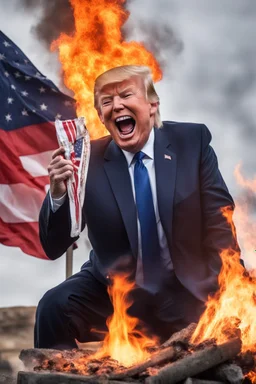 donald trump maniacally laughing as he burns the american flag