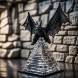 giger escher bat on pyramid sculpture in transparent murano glass in front of stone wall,bokeh like f/0.8, tilt-shift lens 8k, high detail, smooth render, down-light, unreal engine,bokeh like f/0.8, tilt-shift lens 8k, high detail, smooth render, down-light, unreal engine