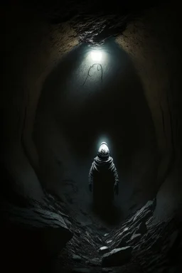 character in semi-darkness, on the scree cone of an underground room dimly lit by daylight coming from a well located forty meters above.