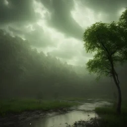 dark clouds, rain drops, green forest