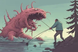 A man is attacked by a mutated monster in sea while he is fishing, cartoon style Simon Stålenhag