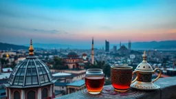 A symbolic image showing Turkey's culture as a bridge between Europe, Asia, and the Orient. Combine old and new: traditional domes, oriental ornaments, and tea with modern skylines and distant landscapes. Warm light, rich colors, harmony between tradition and modernity, no people, no text.
