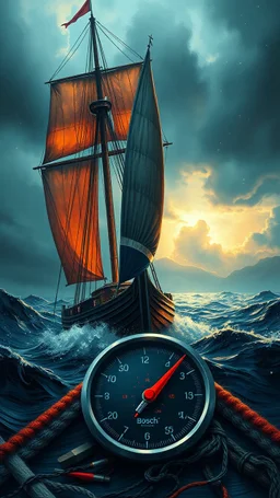 Bosch painting style nightmare in 3D , a manometer sailings boat in storm background, high Quality picture , 8k
