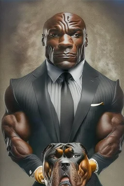 Bodybuilder Lee Haney with the face of a Rottweiler dog A dog's head instead of a person's head Only the player's body with a bulldog head on it He wears a luxurious black suit and holds a luxurious cigar The suit covers the body. In the mouth of the dog there is a luxurious cigar