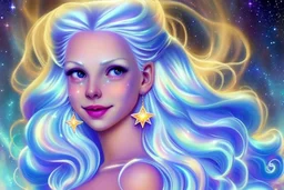 very beautiful cosmic women with white long hair, smiling, with cosmic dress and bright earings. in the background there is a bautiful sky with stars and light beam