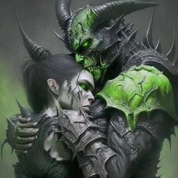 demonio de armadura negra y verde sujetando a una mujer del cuello en una pelea