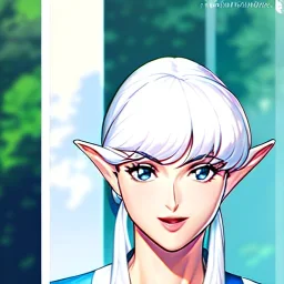 Clear focus, 8k, Elf, 80s style, White hair, ponytail, hair in between the eyes, up close,