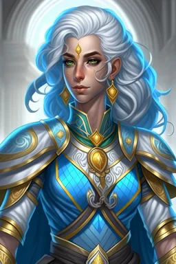 A muscular female elf twilight cleric in a silver robe with blue curly hair and golden eyes