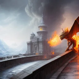 fantasy art, book illustration, fiery dragon sitting on the stairs of a bridge or dam ,icy water