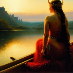 Drawing of 'busty Viking Queen',Braids,view,River,viking boat, by gaston bussiere, greg rutkowski, yoji shinkawa, yoshitaka amano, tsutomu nihei, donato giancola, tim hildebrandt,oil on canvas, cinematic composition, extreme detail,fit full head inside picture,16k