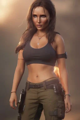 camilla luddington face, lara croft clothes, portrait busty and face, light effects, particles, explosion fire,