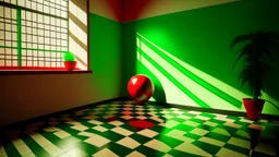 A corner of a room with a checkered floor, green and white walls, and a ceiling with a light source, featuring a red and white striped hollow ring, a reflective sphere with a checkerboard pattern, and a black object on the floor, with a wooden table and a potted plant in the background