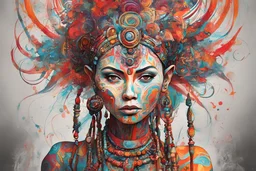 create an abstract expressionist full body illustration of a deeply spiritual, ethereal, darkly magical, epic nomadic tribal matriarch with highly detailed and deeply cut facial features, searing lines and forceful strokes, precisely drawn, boldly inked, with rich striking colors