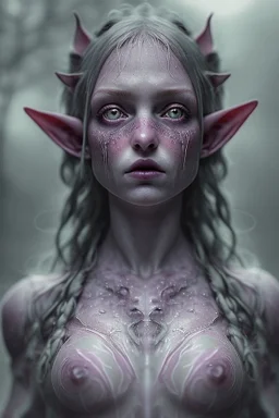 In a mesmerizing combination of brilliant and fading shades, photorealistic. Kentucky - Elves with (dimly glowing eyes and accents:1.3), in rags, necrotic, oozing, wet, dim lighting, intricate accents, 8k, full body shot, shot with 50mm lens, detailed horror art, extreme eyes, hyperdetailed, hyperrealistic,