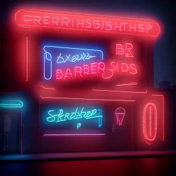 modern barber shop, neon lights, 8k, extremly detailed,luxus, wohlhabend, cinema4d, 3d render, creative, complex