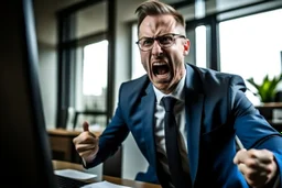 corporate man in office i screaming at employees. Swedish looks