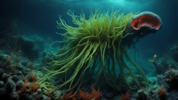 animals creatures, plants from subanautica from deep sea, leviathan's a lot of sea plants very deep, beautiful, river of magma, green and blue.