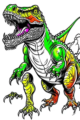 create a coloring page, white background Illustrate a T-Rex displaying its formidable size and strength by standing on its hind legs and bellowing loudly to deter intruders. T-Rex with vibrant colors to emphasize its dominance. ink drawing clipart, simple line illustrations, colored