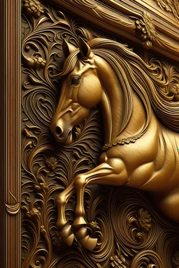 HORSE Detailed and intricate wooden carving wall decor featuring a golden metal frame. The carving showcases stunning craftsmanship and intricate design, adding elegance to any space. The golden metal frame adds a touch of luxury and sophistication. This artwork is a perfect blend of traditional woodworking techniques and modern aesthetics. High-resolution digital painting inspired by the works of master craftsmen. By incorporating elements of nature and geometric patterns, this design creates