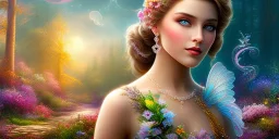 bright fairy, beautiful portrait, flowery landscape