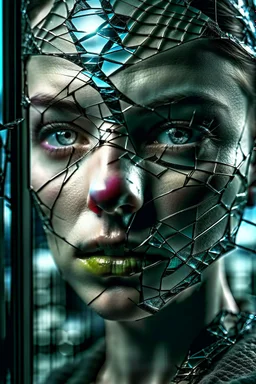 Close-up shot. A cracked pale face deep gaze dark makeup and lips figure through looking a fractured cracked glass pane, revealing glimpses of a surreal hightech cityscape. Hyperrealistic, sharp focus, intricate details, surreal style by Dali, Bosch, Kandinsky, beautifully shot. High contrast, cinematic, dark gloomy, atmospheric, moody. 64 megapixels, perfect compositi