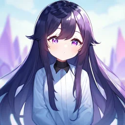 Clear focus, High resolution,a anime kid, rough line skecth, cute, cartoony style, 1girl, black long hair, pruple eye, 1 purple streak in haie, half chibi, only head no body