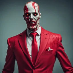 a creepy figure wearing a red suit with a red tie who is missing the skin on his face