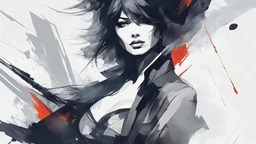 aesthetic, painterly style, modern ink, ahri, ahri custom, sensual, sultry, dark blouse, expressive pose, urbanpunk, abstract texture multilayer background, neo-expressionist , Russ Mills, Ian Miller